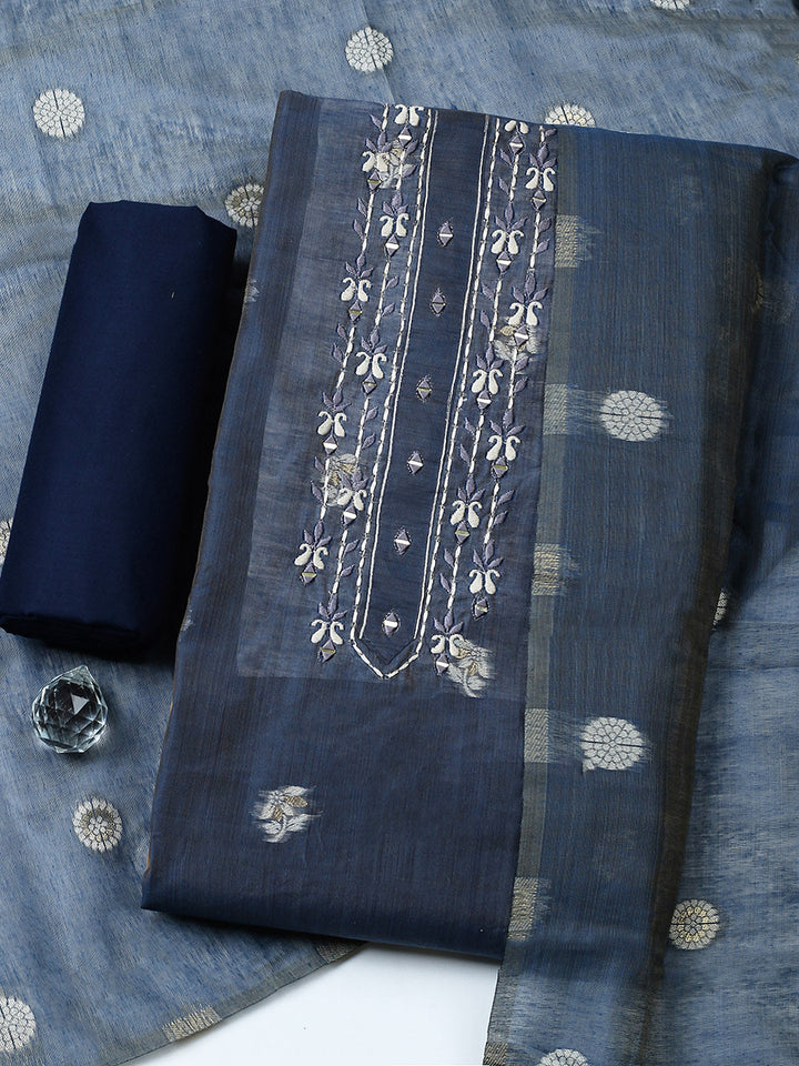 Embroidered Cotton Blend Unstitched Suit With Pant &amp; Dupatta