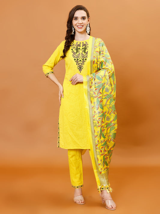 Neck Embroidery Cotton Kurta With Pants & Dupatta