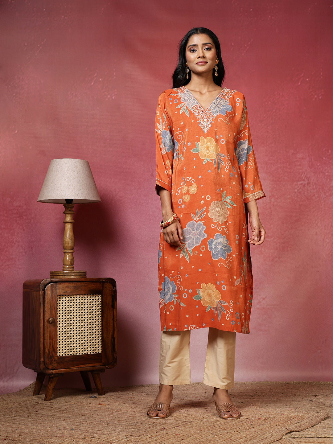 Neck Embroidered Cotton Blend Kurta With Pants