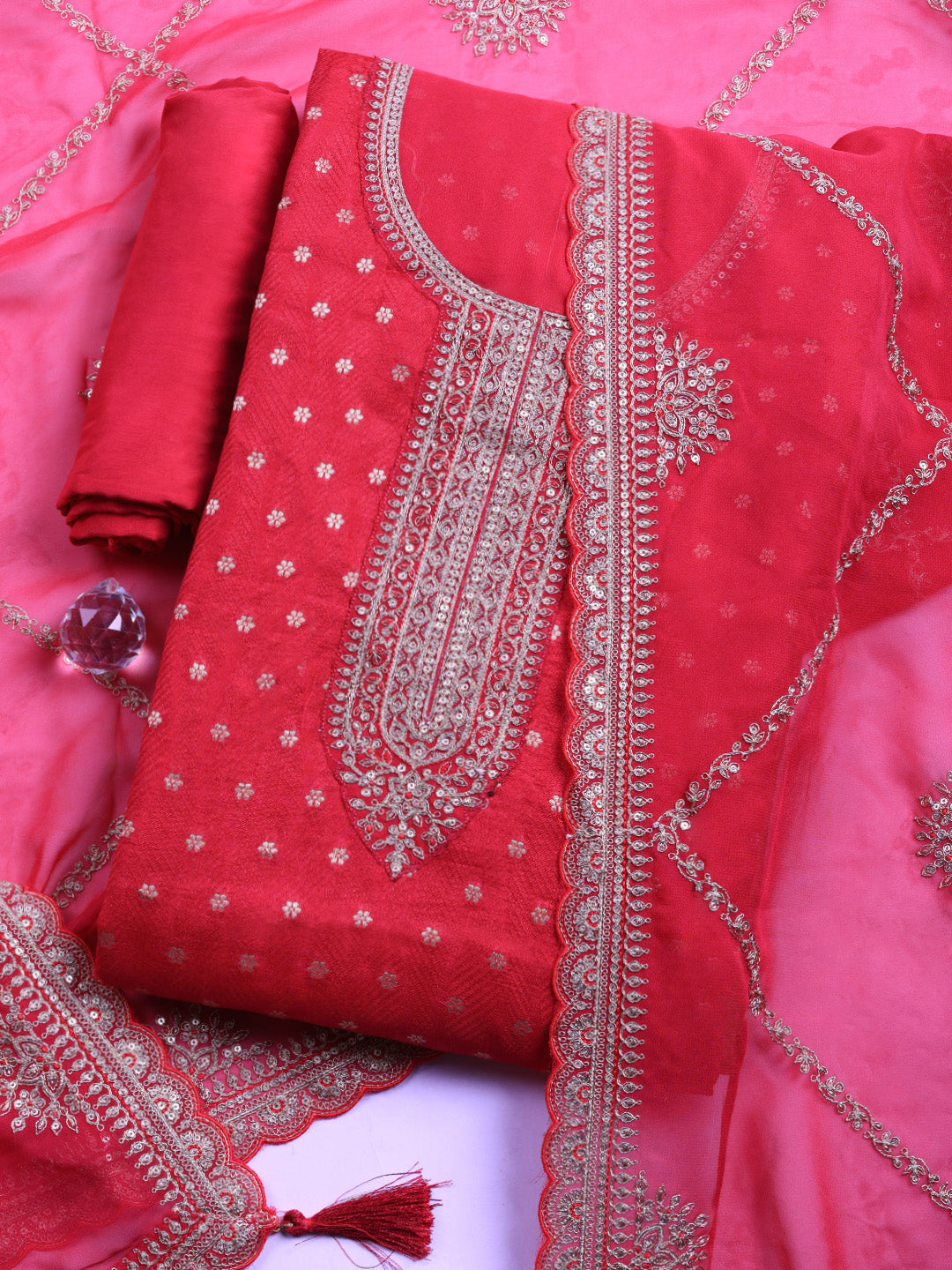 Embroidered Art Silk Unstitched Suit With Pant &amp; Dupatta