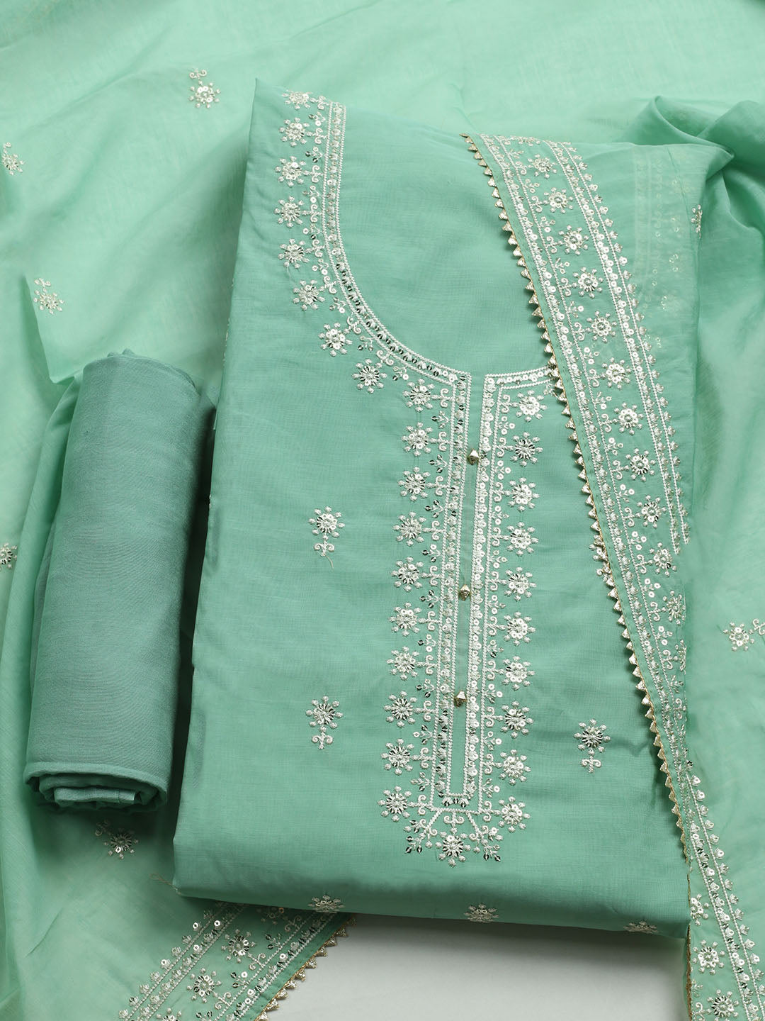 Embroidered Muslin Unstitched Kurta With Pant & Dupatta