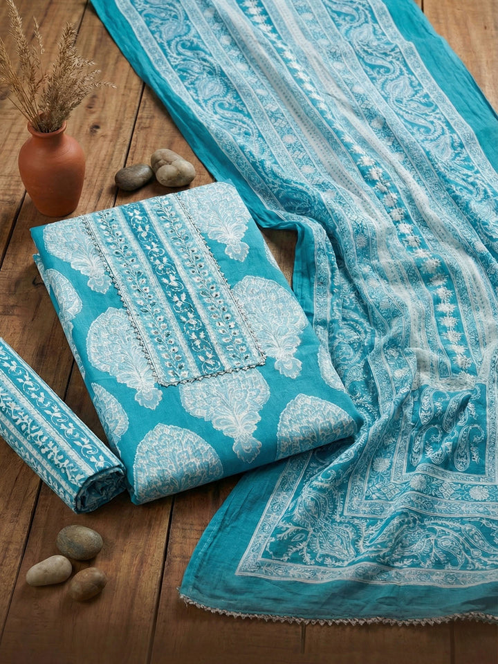 Printed Cotton Blend Unstitched Suit With Pant &amp; Dupatta