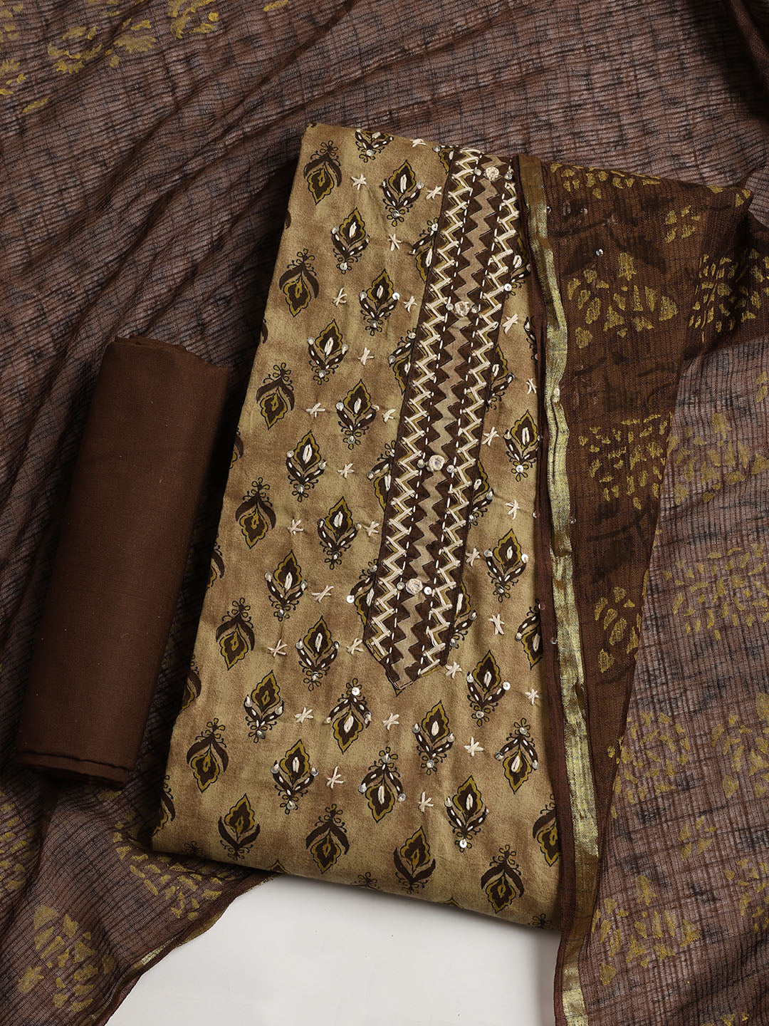 Printed Cotton Blend Unstitched Suit With Dupatta