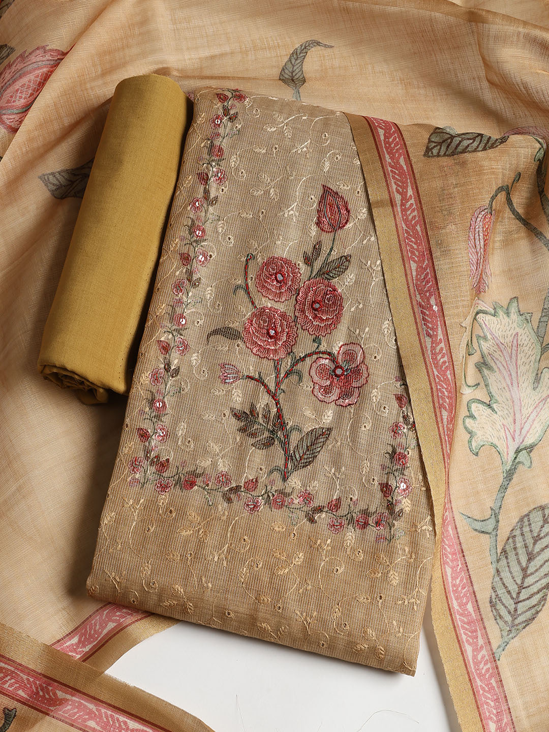Neck Embroidered Chanderi Unstitched Suit With Dupatta