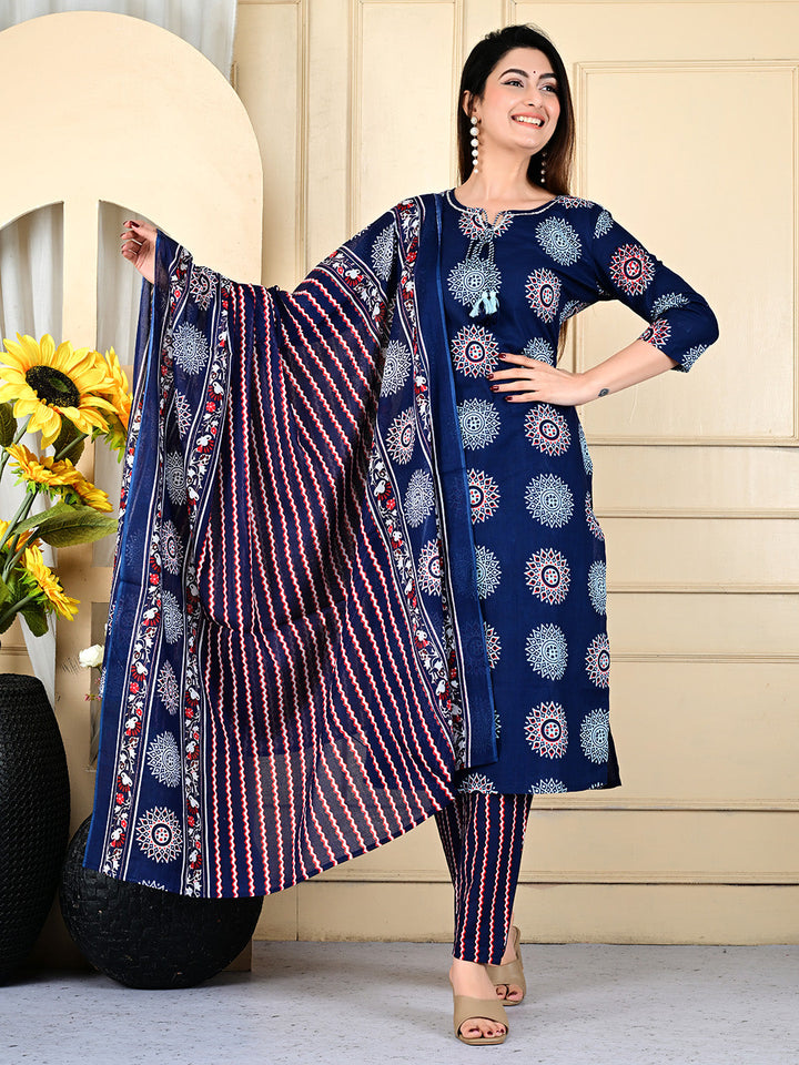 Printed Cotton Blend Kurta With Pants &amp; Dupatta