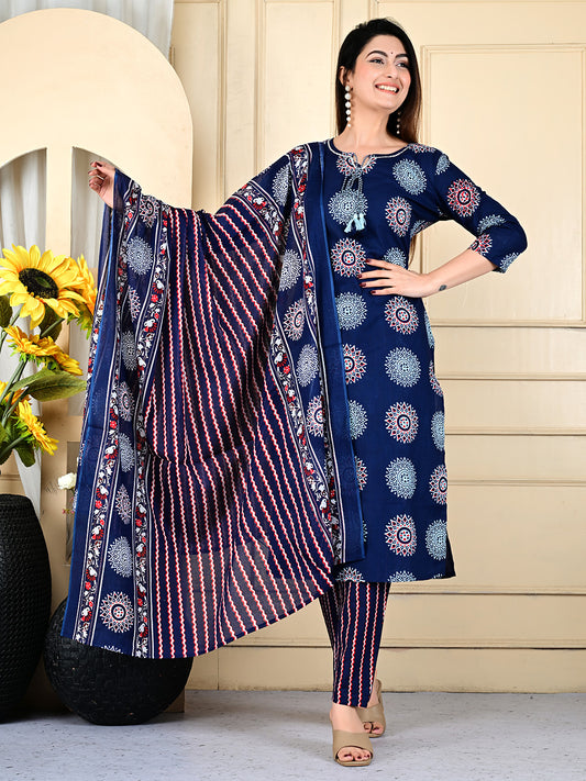 Printed Cotton Blend Kurta With Pants & Dupatta