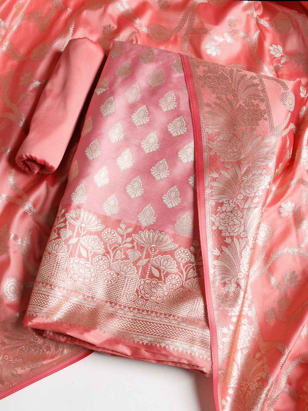Woven Banarasi Chanderi Unstitched Suit With Dupatta