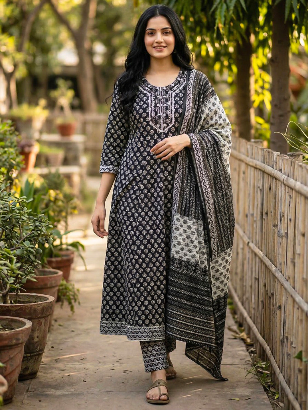 Printed Cotton Blend Suit With Pant &amp; Dupatta