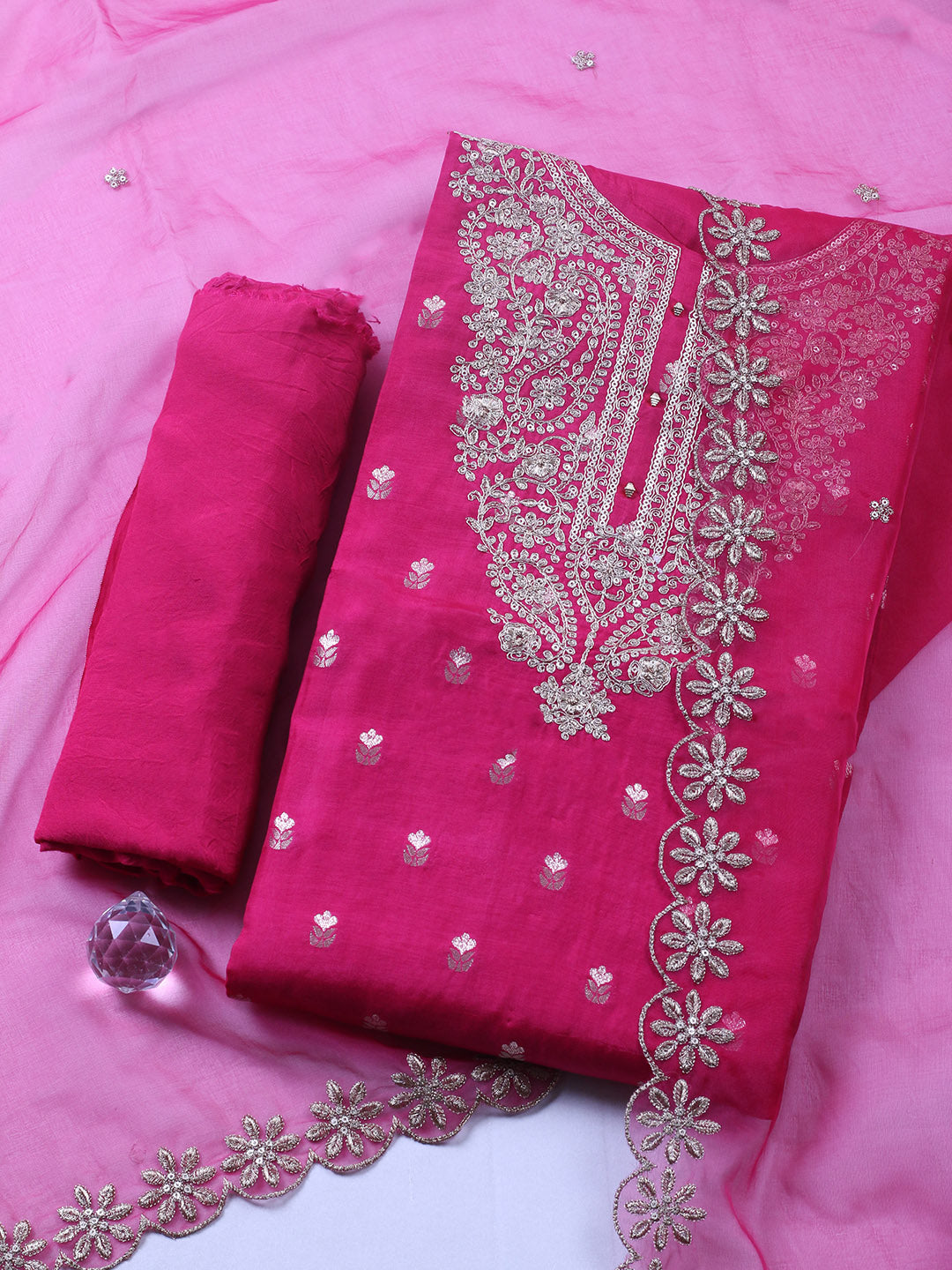 Embroidered Chanderi Unstitched Suit With Pant &amp; Dupatta