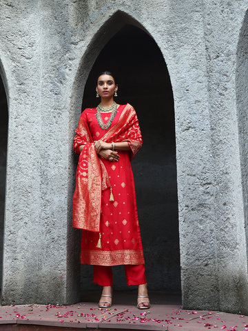 Woven Chanderi Unstitched Suit Piece With Dupatta