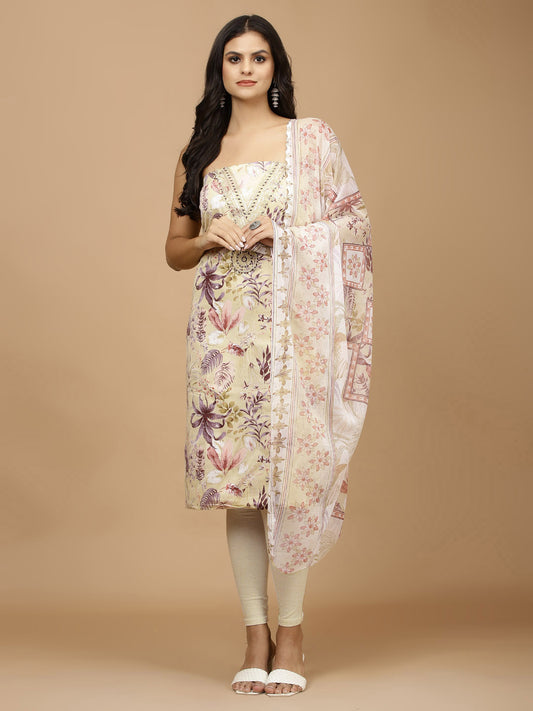 Neck Embroidery & Printed Cotton Unstitched Suit With Dupatta