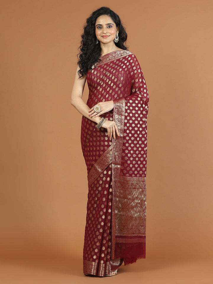 Zari Border Booti Chiffon Woven Saree