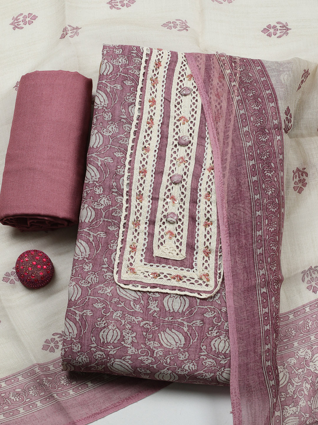 Embroidered Cotton Blend Unstitched Suit With Pant &amp; Dupatta