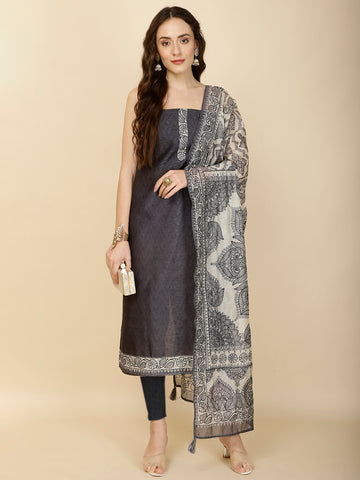 Kantha Embroidery & Printed Chanderi Unstitched Suit Piece With Dupatta