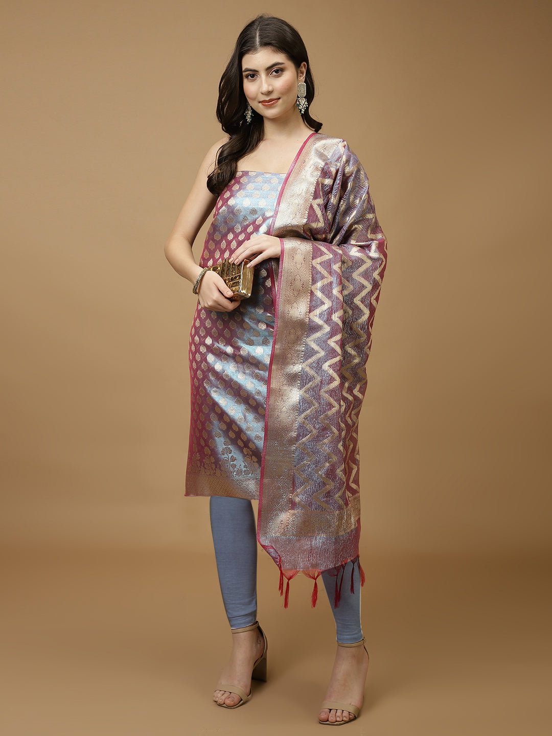 Woven Chanderi Unstitched Suit Piece With Dupatta