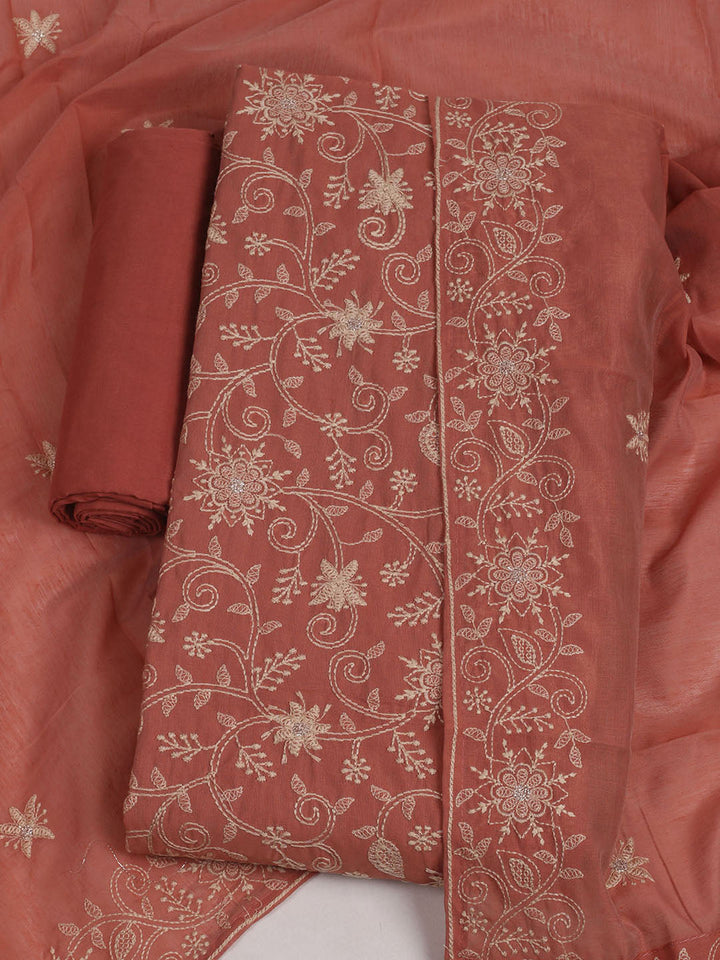Embroidered Chanderi Unstitched Suits Casual Suit With Pant &amp; Dupatta
