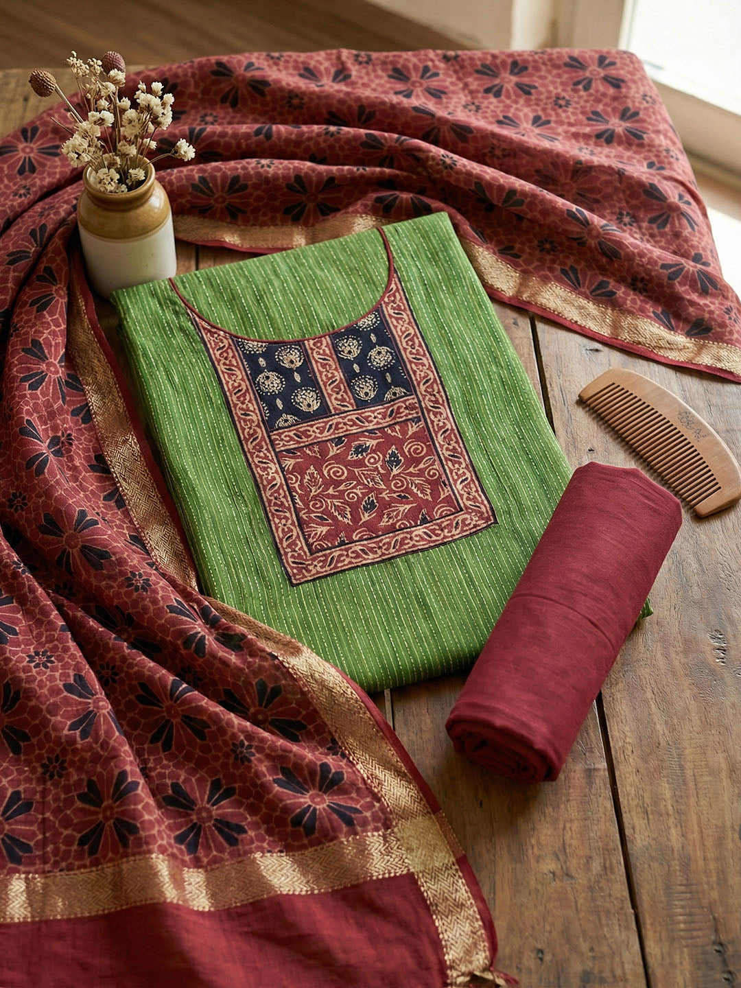 Embroidered Cotton Blend Unstitched Suit With Pant &amp; Dupatta