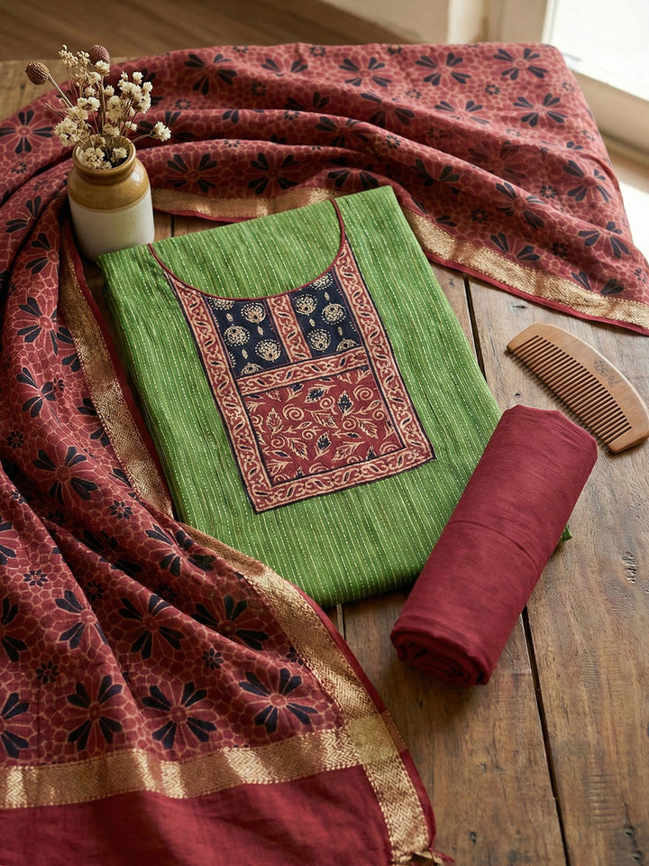 Embroidered Cotton Blend Unstitched Suit With Pant &amp; Dupatta