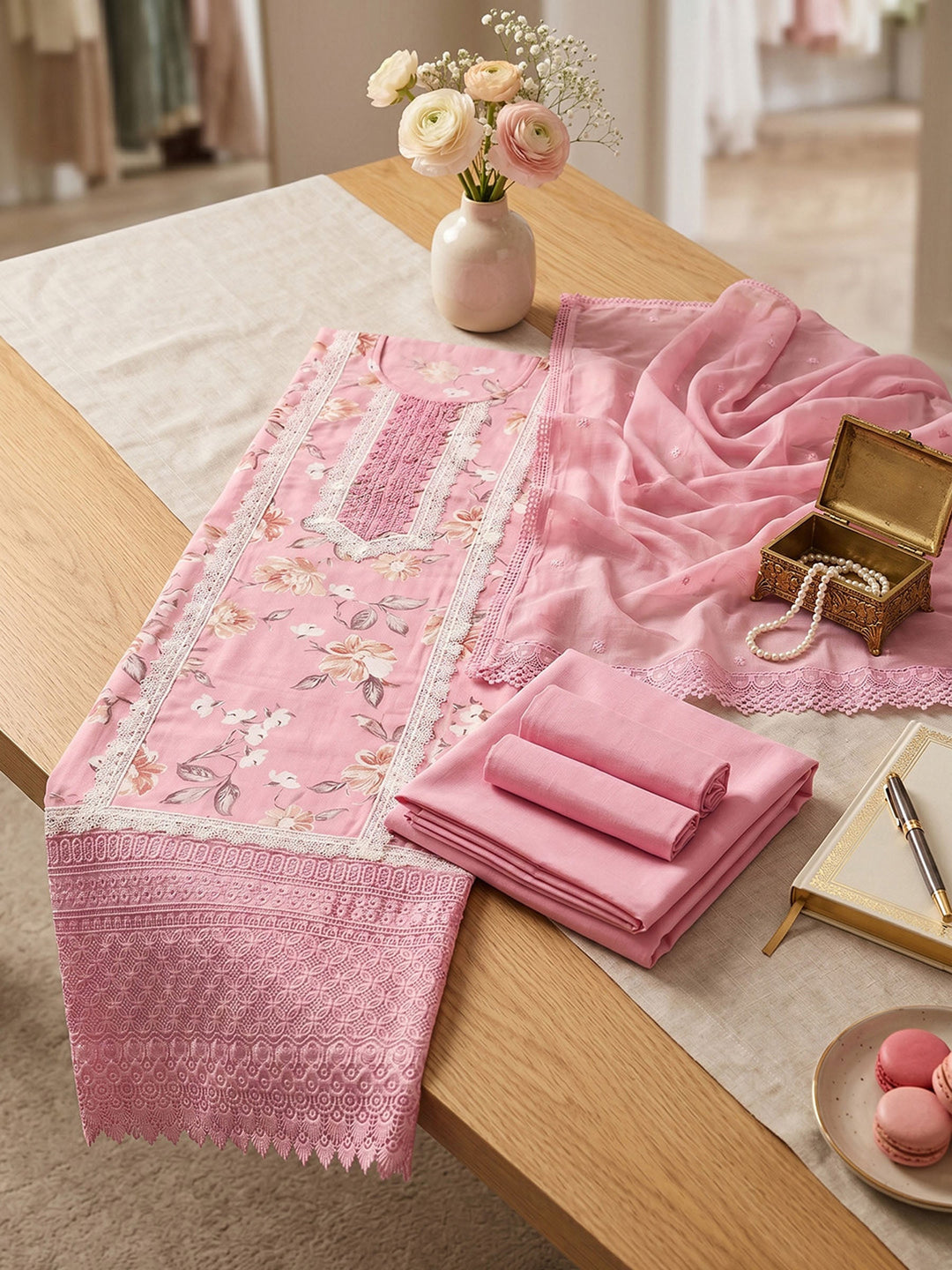 Neck Embroidered Cotton Blend Unstitched Suit With Dupatta