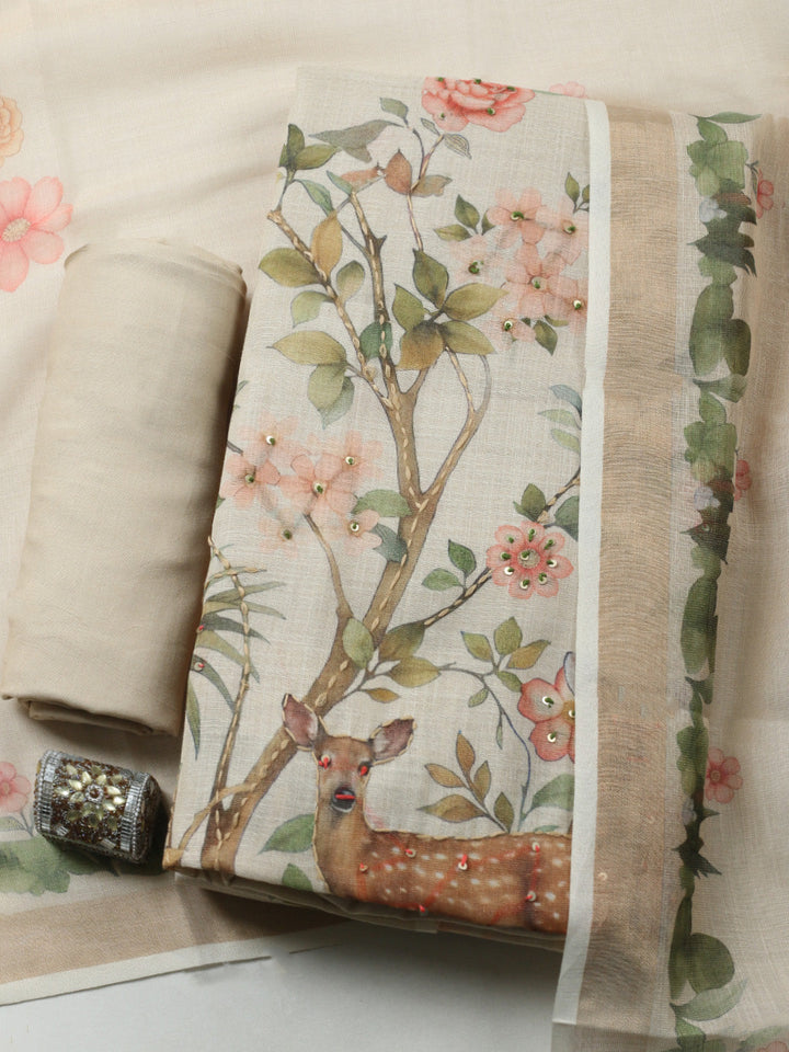 Printed Cotton Blend Unstitched Suit With Pant &amp; Dupatta