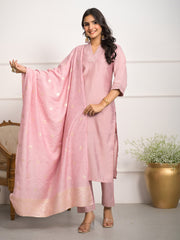 Neck Embroidered Chanderi Kurta With Pants & Dupatta