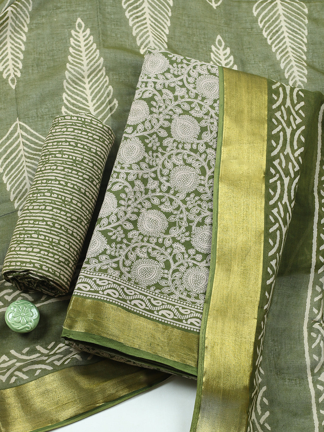 Printed Cotton Blend Unstitched Suit With Pant &amp; Dupatta
