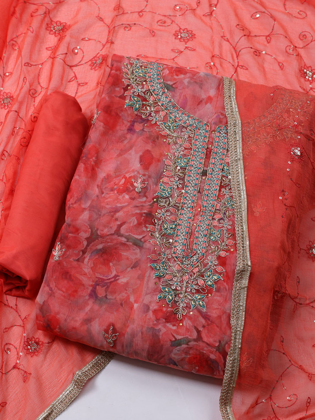 Neck Embroidered Organza Unstitched Suit With Dupatta