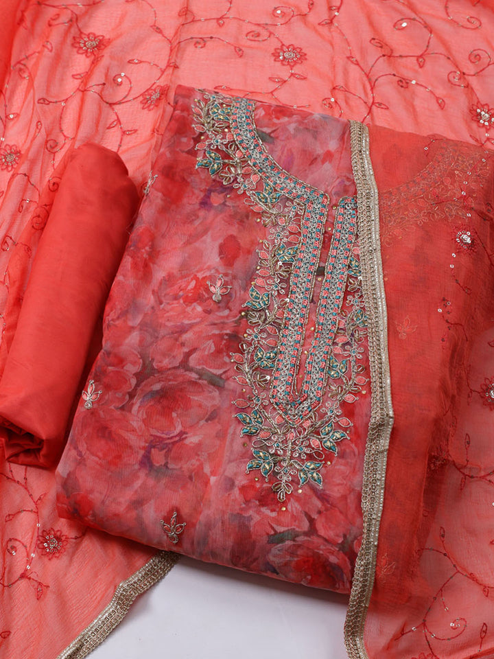 Neck Embroidered Organza Unstitched Suit With Dupatta
