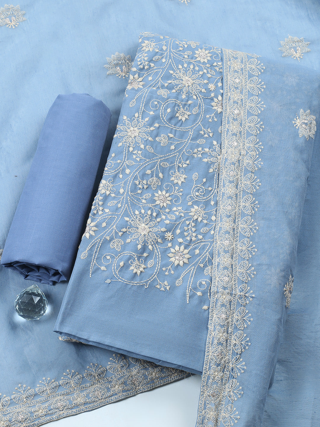 Embroidered Chanderi Unstitched Suit With Pant &amp; Dupatta