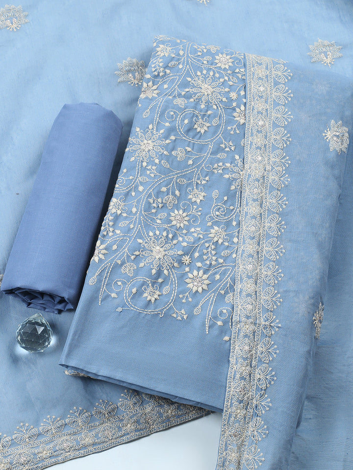 Embroidered Chanderi Unstitched Suit With Pant &amp; Dupatta