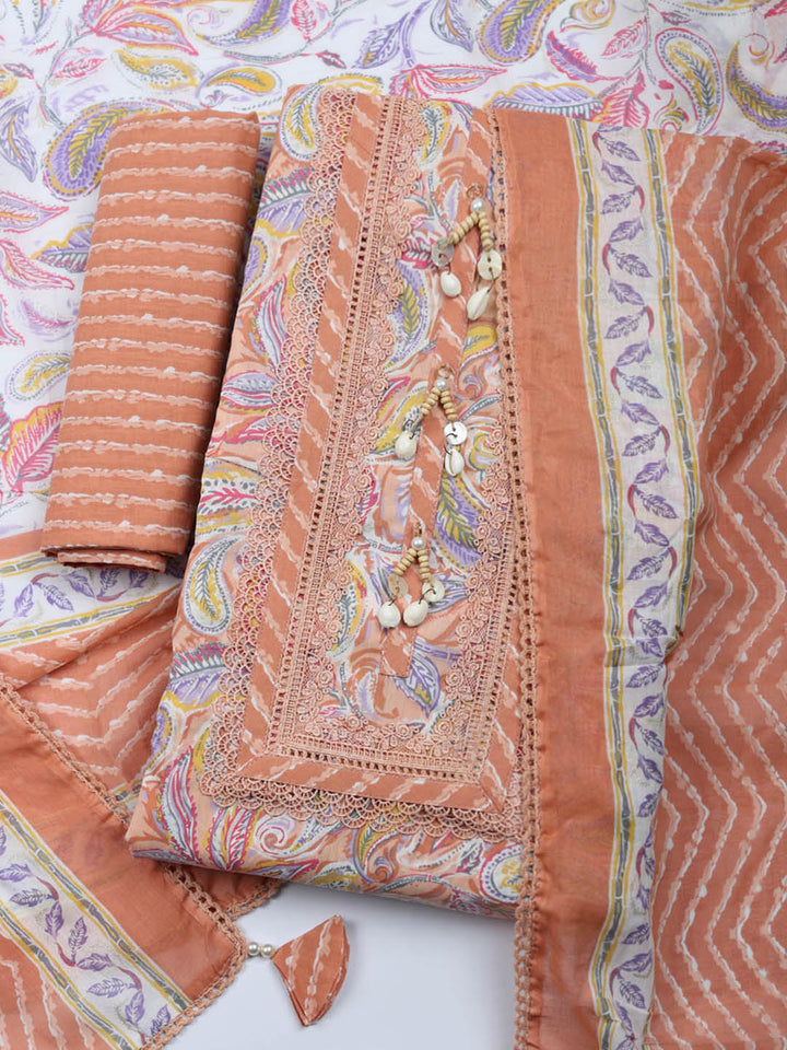 Embroidered Cotton Blend Unstitched Suit With Pant &amp; Dupatta