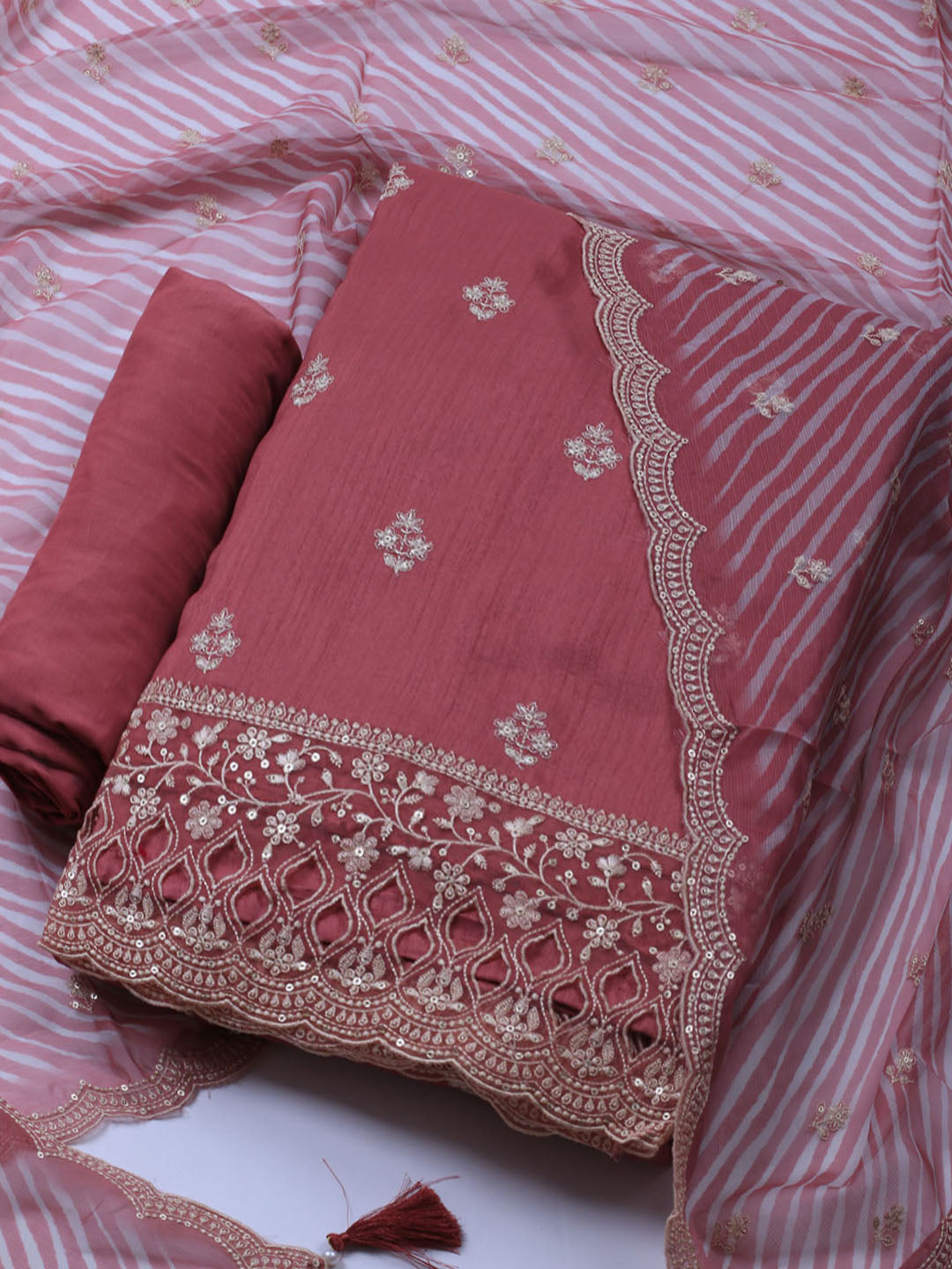 Embroidered Art Silk Unstitched Suit Piece With Dupatta