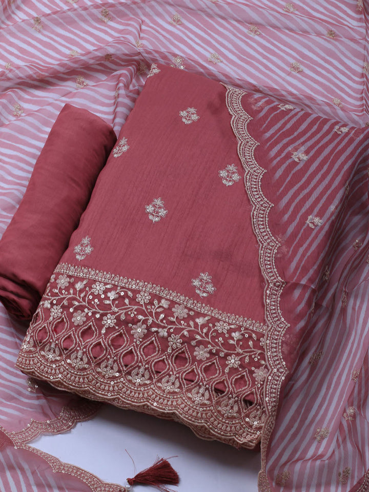 Embroidered Art Silk Unstitched Suit Piece With Dupatta