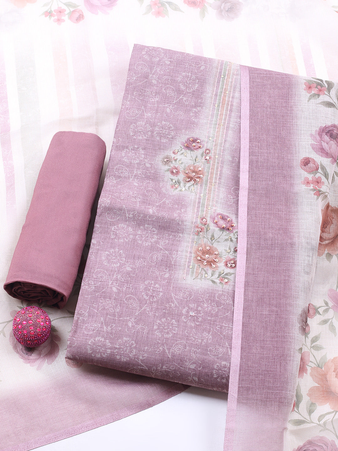 Printed Linen Blend Unstitched Suit With Pant &amp; Dupatta