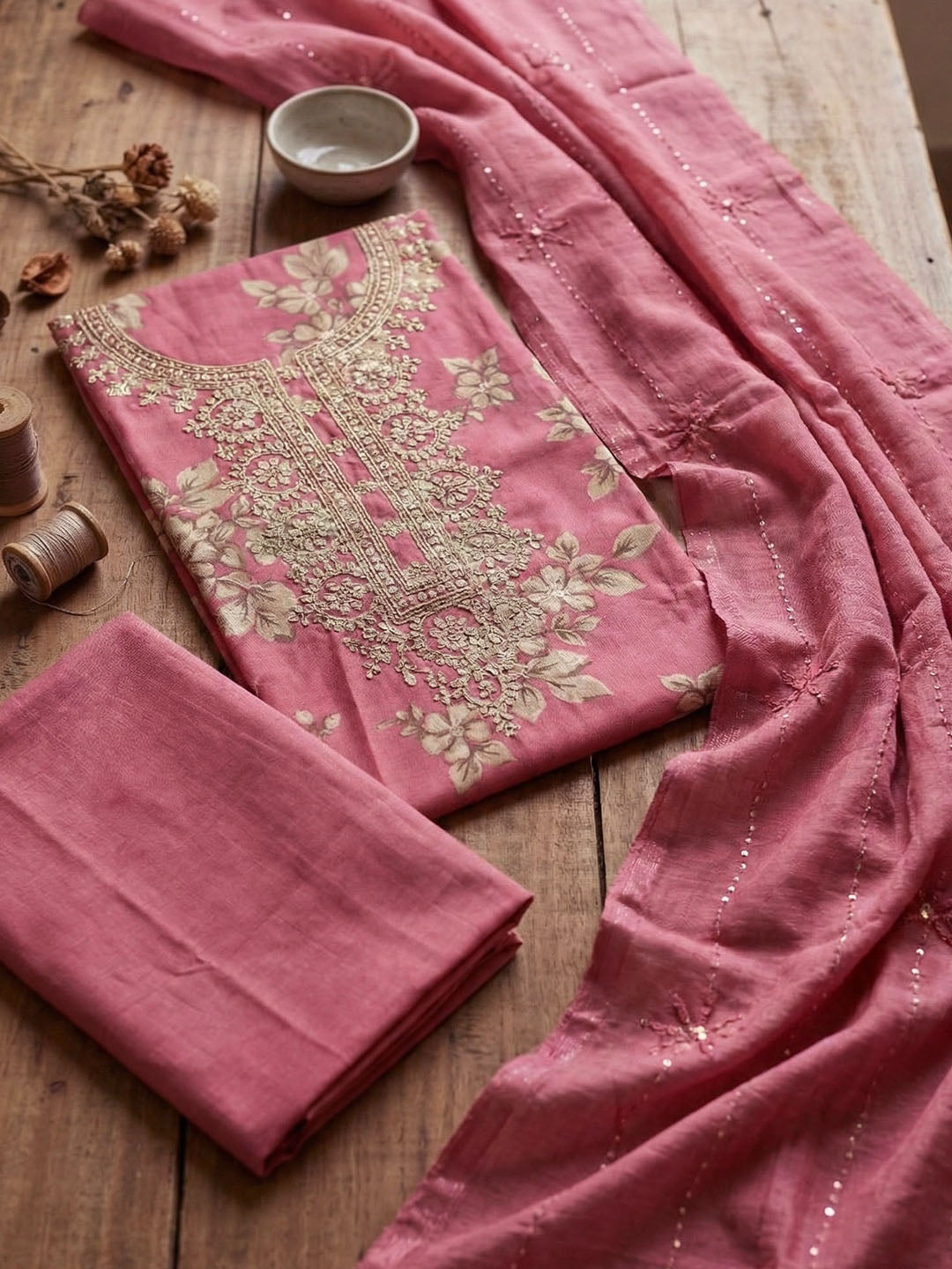 Embroidered Cotton Blend Unstitched Suit With Pant &amp; Dupatta