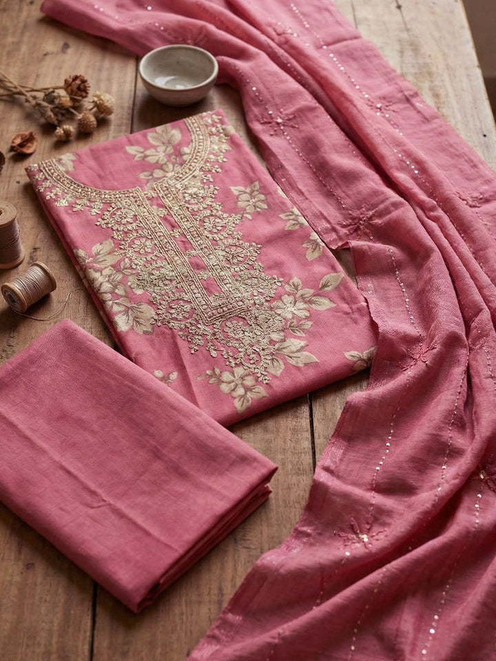 Embroidered Cotton Blend Unstitched Suit With Pant &amp; Dupatta