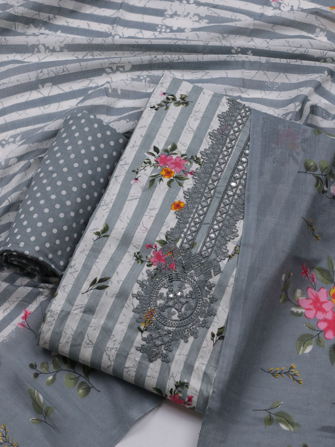 Patch Neck Cotton Blend Unstitched Suit With Dupatta