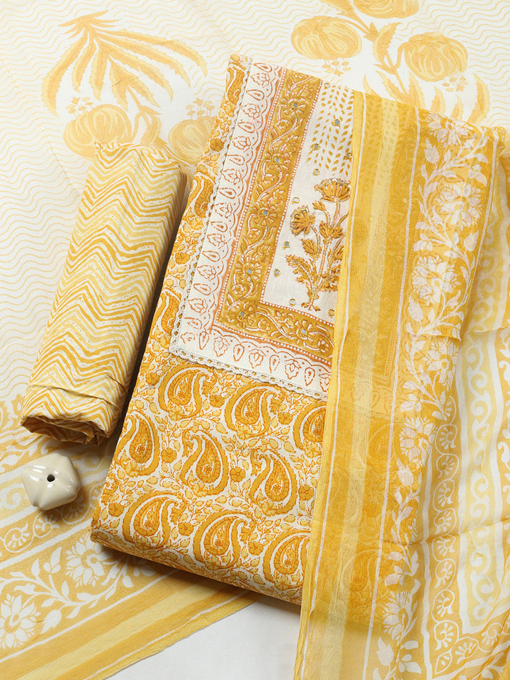 Embroidered Cotton Blend Unstitched Suit With Pant &amp; Dupatta