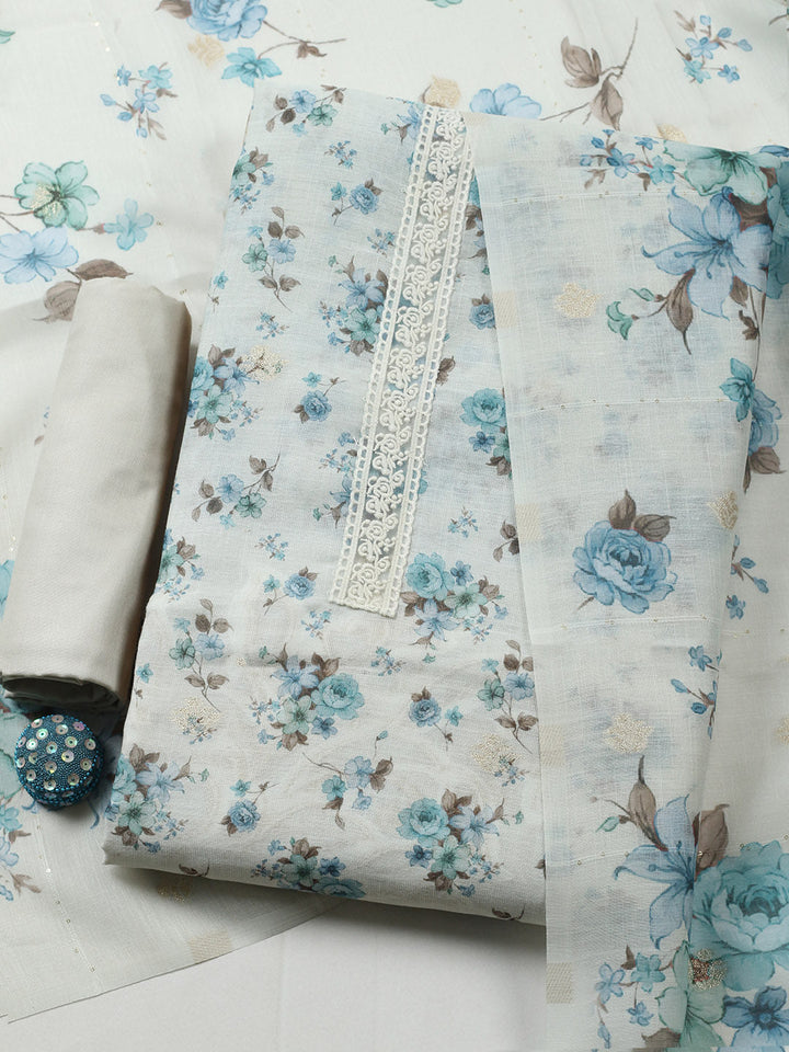 Embroidered Linen Blend Unstitched Suit With Pant &amp; Dupatta