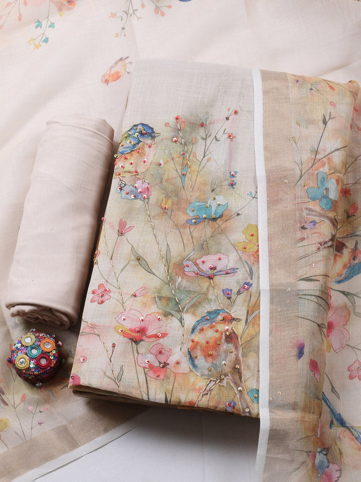 Printed Cotton Blend Unstitched Suit With Pant &amp; Dupatta