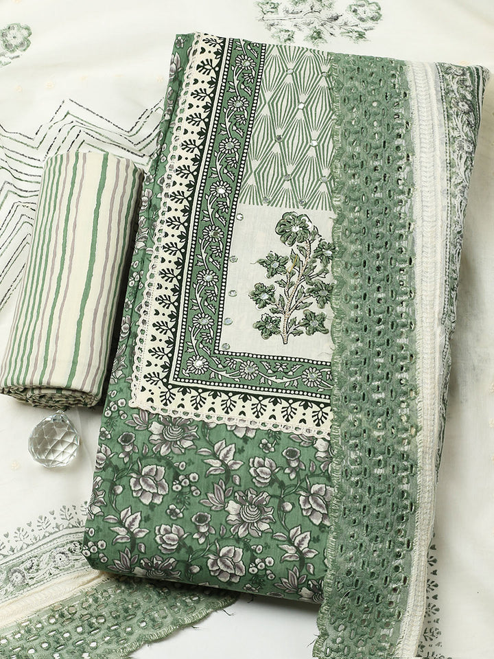 Printed Cotton Blend Unstitched Suit With Pant &amp; Dupatta