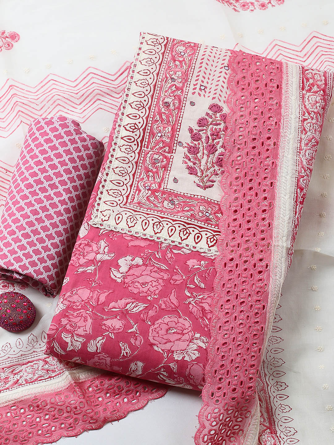 Embroidered Cotton Blend Unstitched Suit With Pant &amp; Dupatta