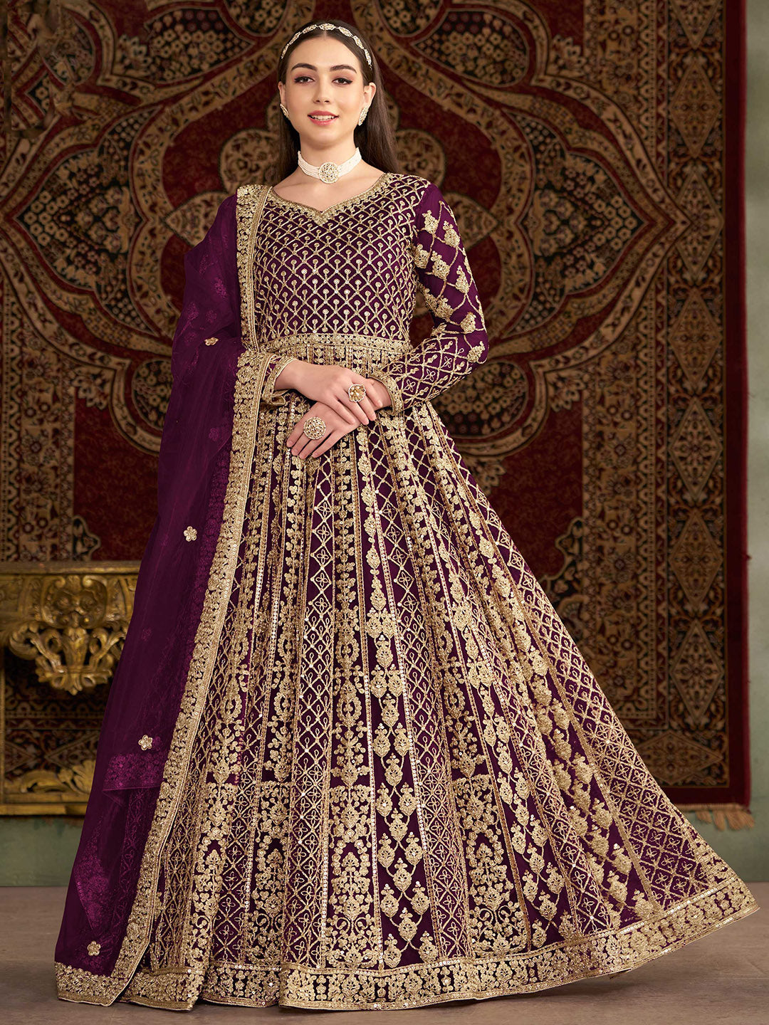 Embroidered Net Semi Stitched Gown With Dupatta