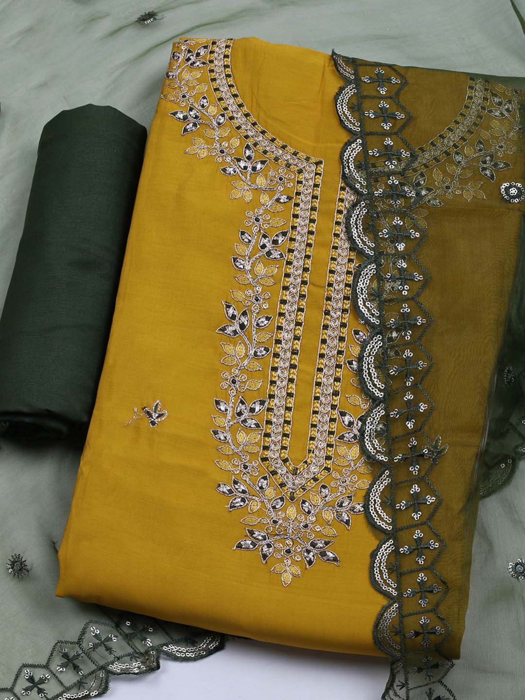 Neck Embroidered Chanderi Unstitched Suit With Dupatta