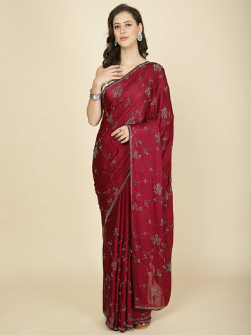 Stone Floral Embroidered Chiffon Handloom Saree