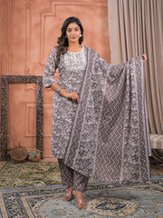 Printed Cotton Kurta With Pant & Dupatta
