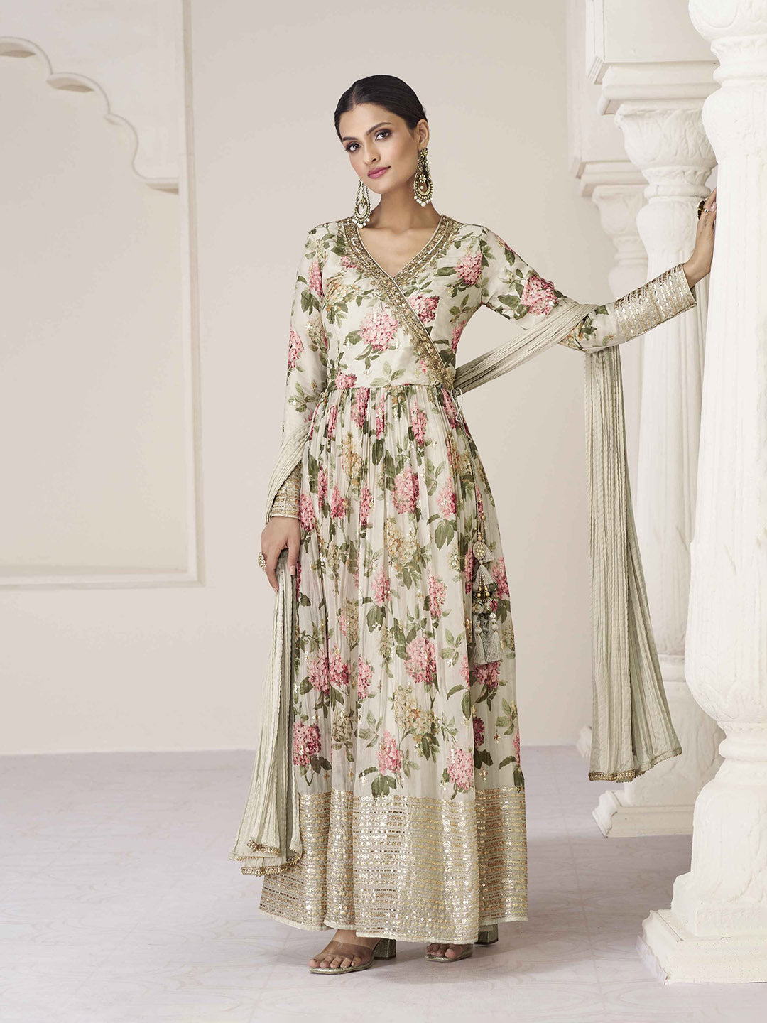 Beige Embroidered Organza Straight Suit Set With Dupatta