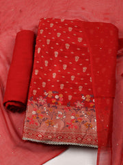 Woven Design Chanderi Maroon Unstitched Suit With Pant & Dupatta