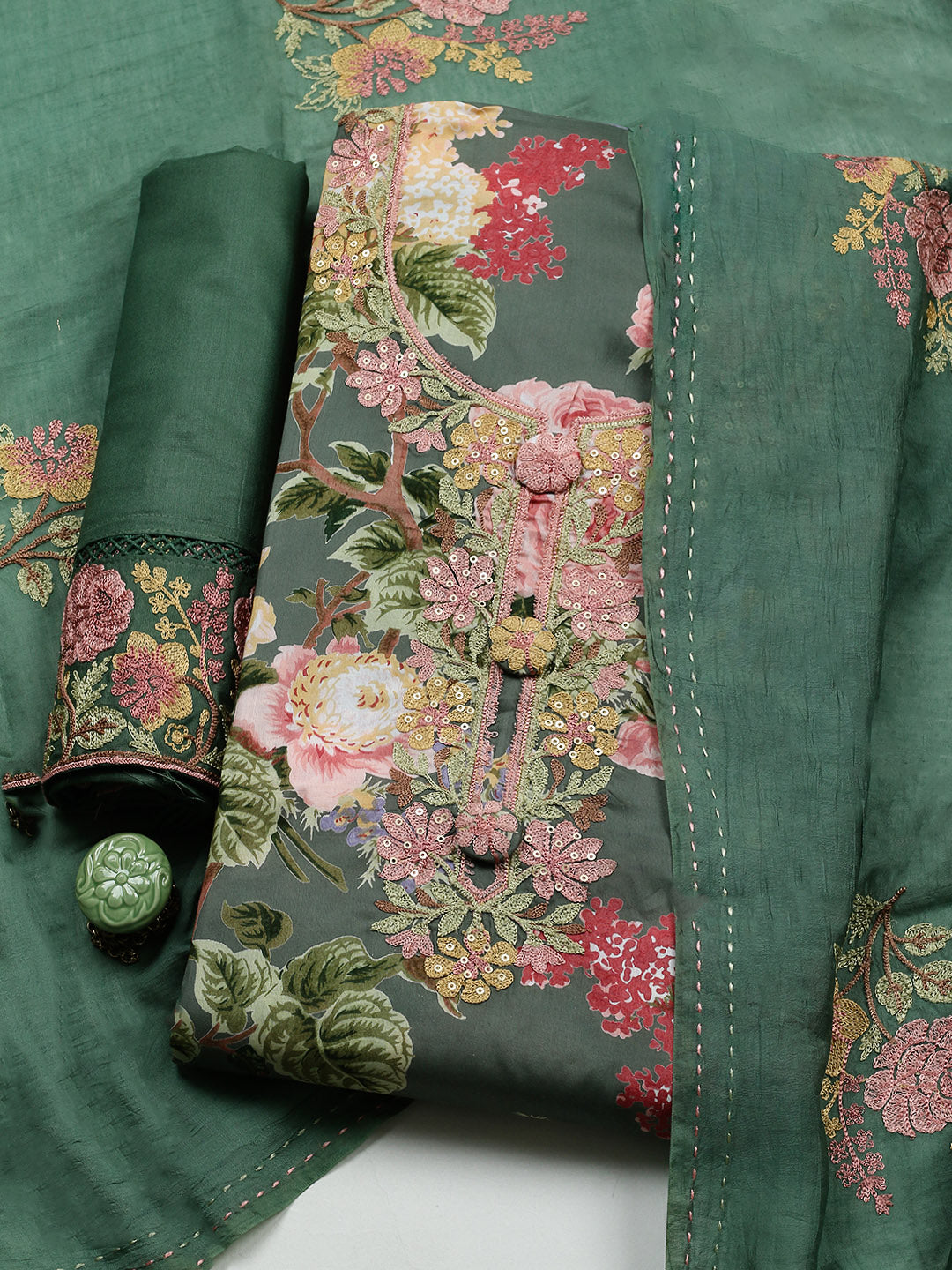 Embroidered Muslin Unstitched Suit With Pant &amp; Dupatta
