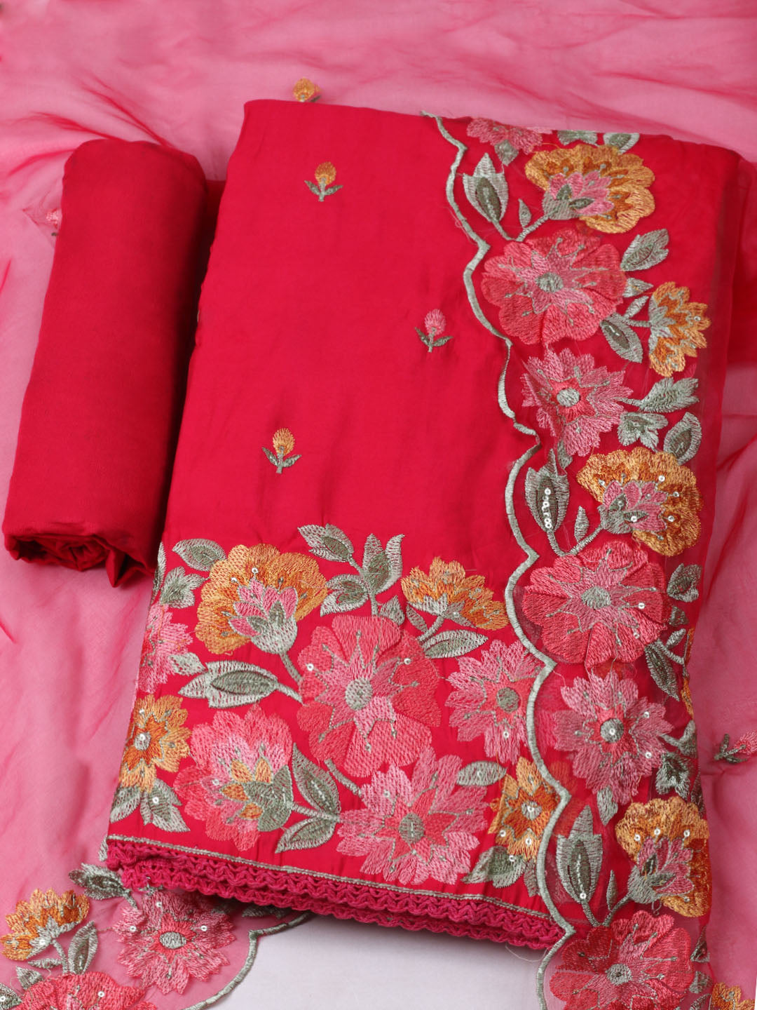 Embroidered Chanderi Unstitched Suit With Pant &amp; Dupatta